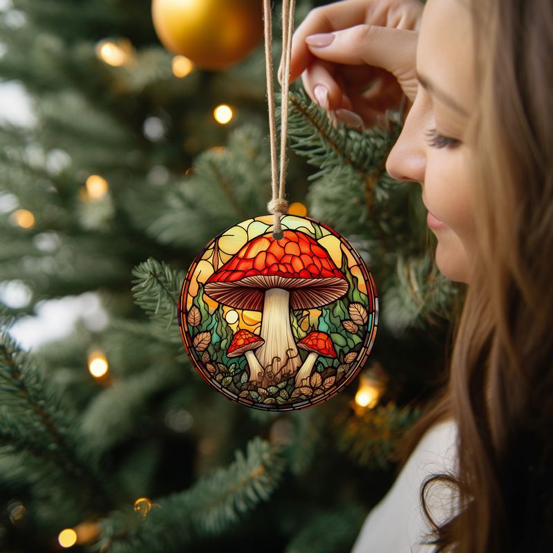 Hand-Painted Red Mushroom Ceramic Ornament - 3" Stained Glass Style Decoration