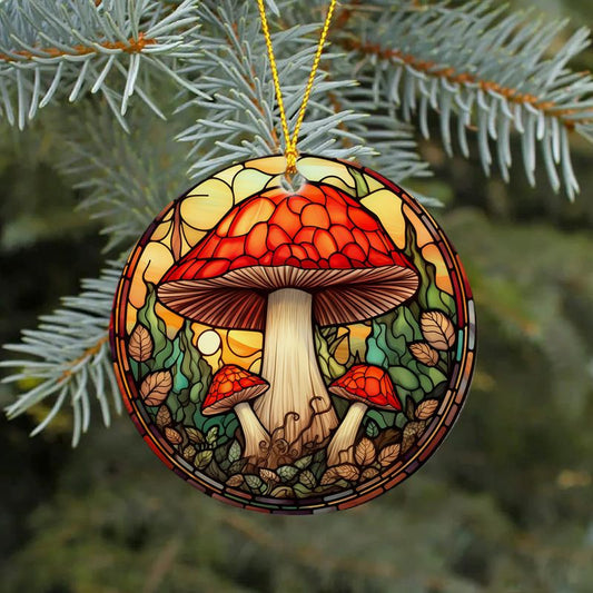 Hand-Painted Red Mushroom Ceramic Ornament - 3" Stained Glass Style Decoration