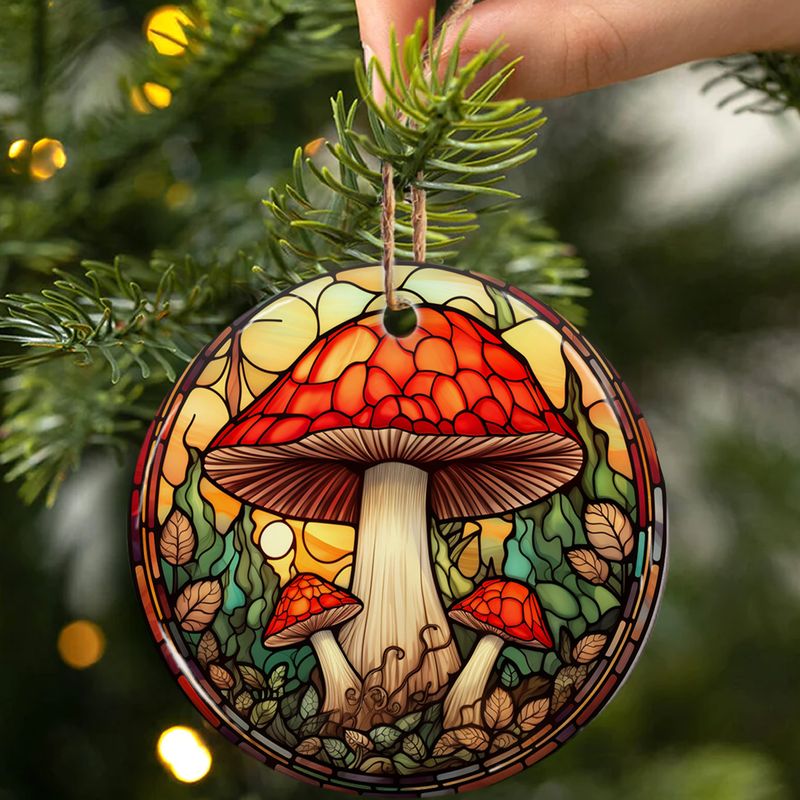 Hand-Painted Red Mushroom Ceramic Ornament - 3" Stained Glass Style Decoration