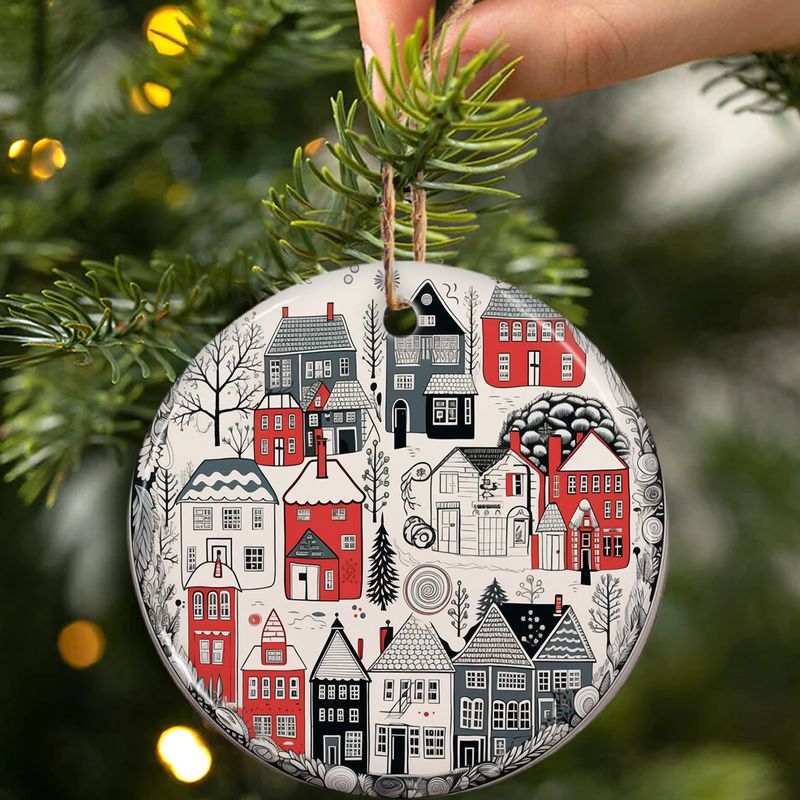 Hand-Painted Winter Village Ceramic Ornament - 3" Scandinavian Style Decoration