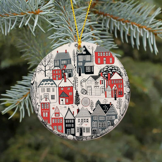 Hand-Painted Winter Village Ceramic Ornament - 3" Scandinavian Style Decoration