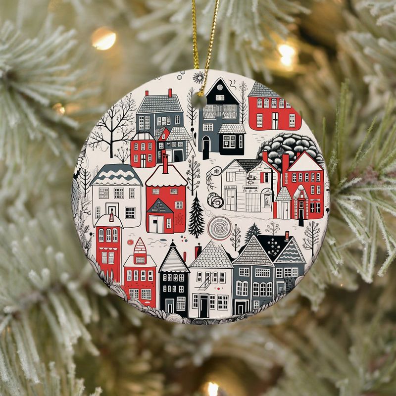 Hand-Painted Winter Village Ceramic Ornament - 3" Scandinavian Style Decoration