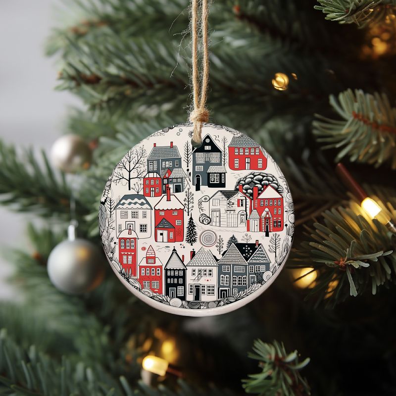 Hand-Painted Winter Village Ceramic Ornament - 3" Scandinavian Style Decoration