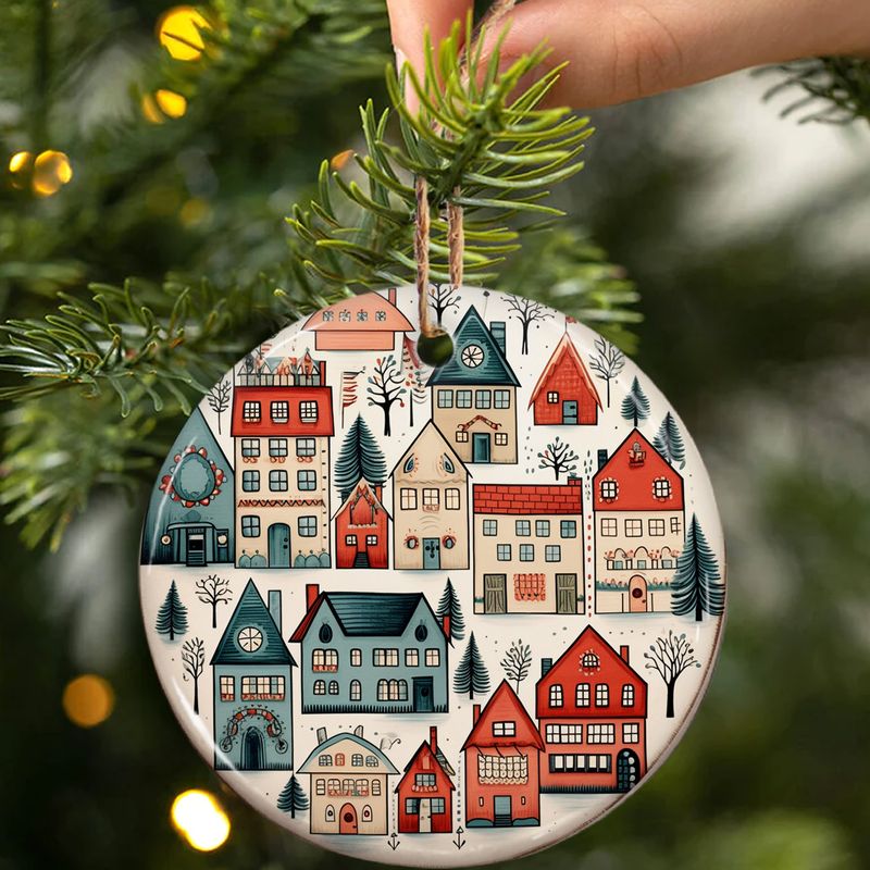 Hand-Painted Cozy Village Ceramic Ornament - 3" Folk Art Style Decoration