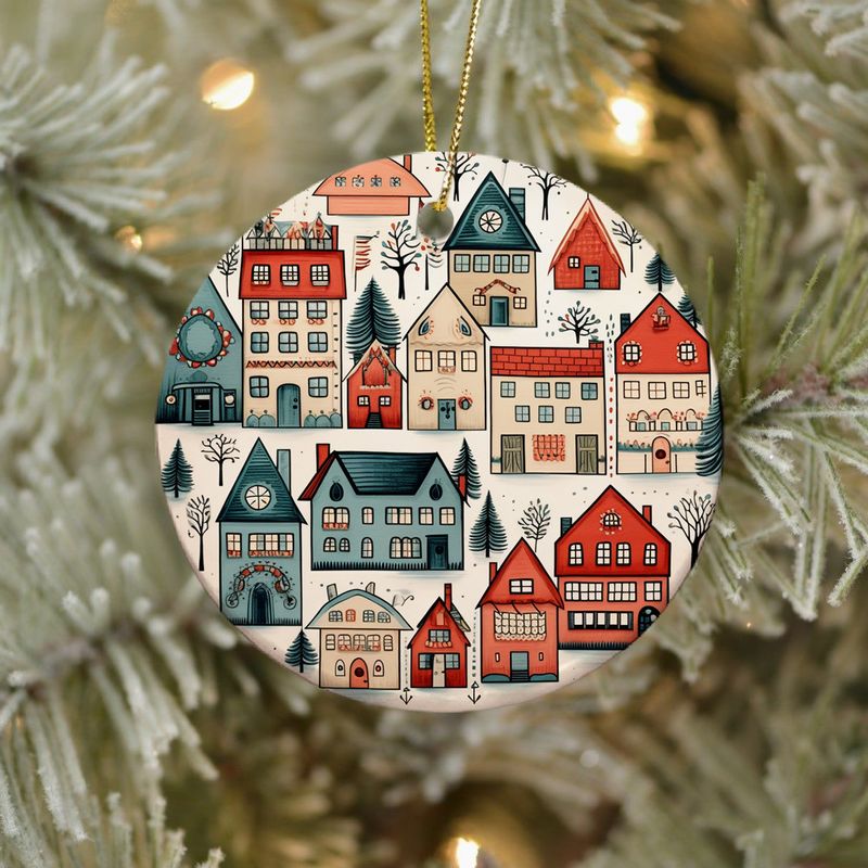 Hand-Painted Cozy Village Ceramic Ornament - 3" Folk Art Style Decoration