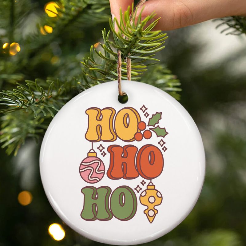 Hand-Painted Retro "Ho Ho Ho" Ceramic Ornament - 3" Christmas Decoration